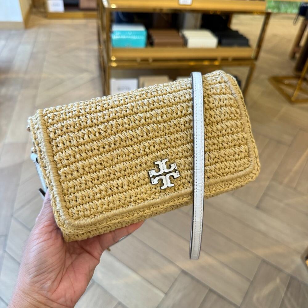 Tory Burch Thea Raffia Flat Wallet Crossbody 180152 Raffia / Ice Crystal $525 - Picture 2 of 9